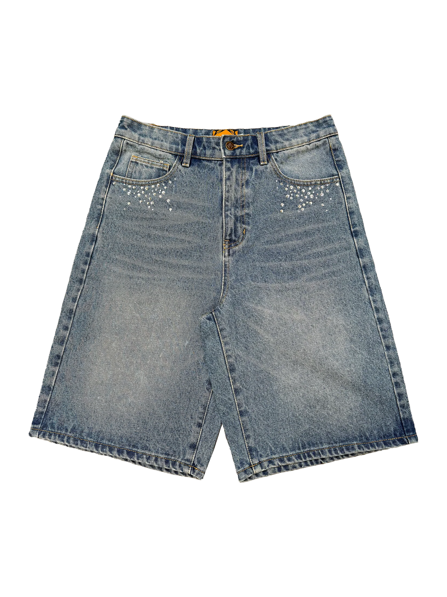 Bermuda Jean Oversize Strass – Denim Bleu Vintage