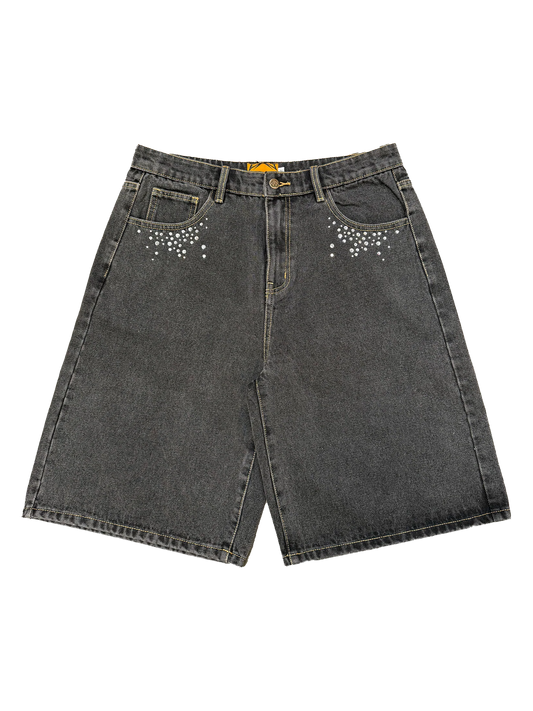 Short en Jean Délavé Noir – Détails Strass