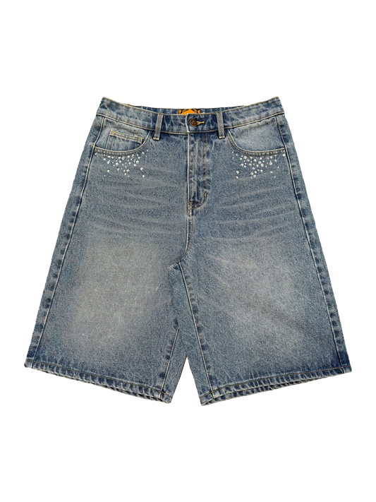 Bermuda Jean Oversize Strass – Denim Bleu Vintage